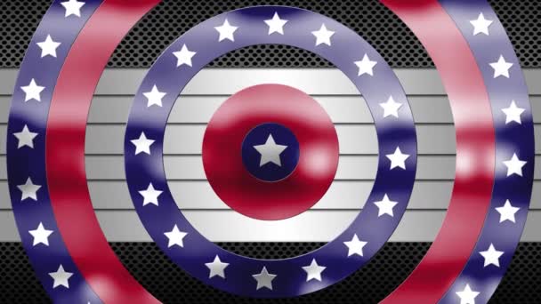 工業用金属製の背景にアメリカ国旗の星や縞模様で回転する円のアニメーション アメリカの国旗愛国心の概念デジタルで生成されたイメージ — ストック動画