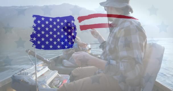 Анімація Намальованого Американського Прапора Над Двома Чоловіками Які Рибалять Човні — стокове відео