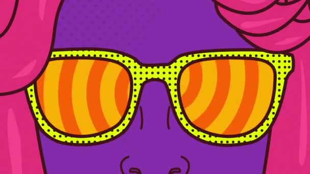 Animation Comic Face Wearing Sunglasses Rotating Orange Bright Vibrant Stripes Stock Footage