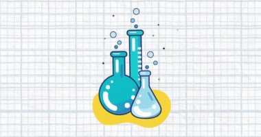 Arka planda kimya laboratuvarı test tüpleri ve deney tüpleri ikonunun kare beyaz kağıdın animasyonu. Okula geri dönen eğitim ve dijital olarak oluşturulan öğrenme kavramı.