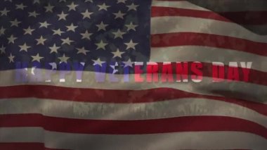 Arka planda, Amerikan bayrağının Mutlu Gaziler Günü yazılı mesaj forması üzerinde sallanışı kamuflaj deseni. Amerikan toplumu çeşitlilik kavramı dijital kompozisyon.