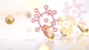 Beyaz arka planda düşen haplar üzerinde yüzen renkli Covid-19 hücre ikonlarının canlandırması. Covid-19 Coronavirus salgını sırasında tıbbi personel.