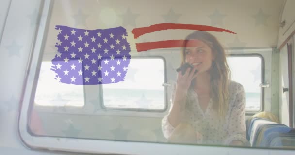 Animation American Flag Drawn Caucasian Woman Car Using Smartphone Seaside — Stock Video