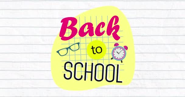 バック スクールのアニメーションはピンクと黒で書かれ 眼鏡と目覚まし時計は白い線の背景に黄色の形をしています 学校への教育と学習コンセプトデジタルで生成された画像 — ストック動画