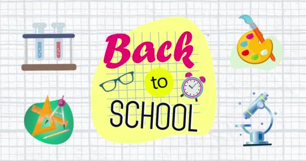 Animace Textu Back School Brýlemi Budíkem Žlutém Tvaru Školními Ikonami — Stock video
