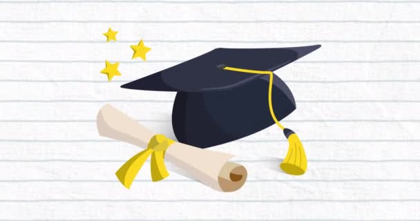 Animation Chapeau Graduation Icône Certificat Sur Papier Blanc Doublé Arrière — Video