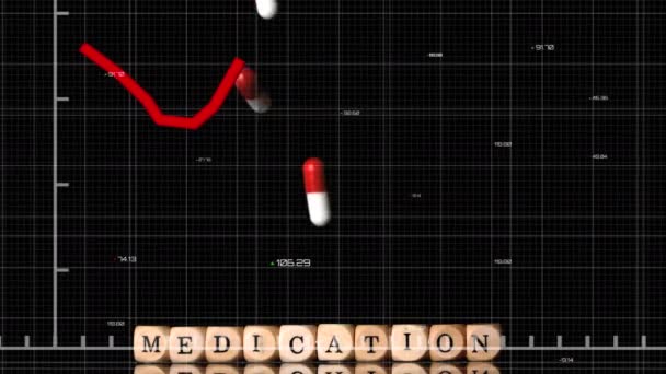 落下薬のアニメーションと黒の背景に赤いダイアグラム上のテキスト薬とスクラブルブロック Covid 19コロナウイルスパンデミックの概念の間の医療スタッフ — ストック動画