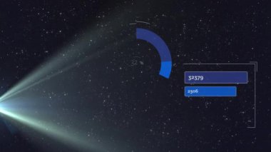 Dijital veri işleme ve istatistik kaydının animasyonu ve gece gökyüzünde parlayan bir nokta ve arka planda yıldızlar. 