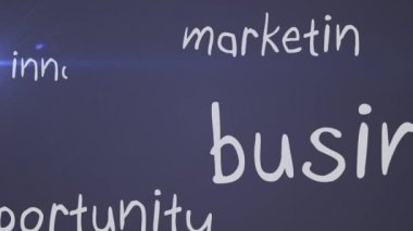 Kelimelerin animasyonu Gelişim, Strateji, Başarı, İş Planı beyaz harflerle yazılmış ve mor arkaplanda parlayan mavi nokta.