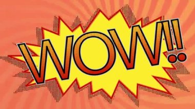 Woww ile klasik çizgi film konuşma balonunun animasyonu! Turuncu çizgili arkaplanda turuncu harflerle yazılmış metin.