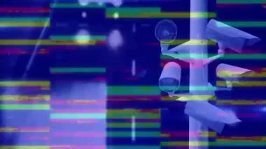 Hareketli CCTV kameralarının hareketli animasyonu. Parlak, parlak çizgili. Hipnotik hareketlerle kusursuz bir döngü içinde titreşiyor. Tekrarlama soyut ve renk kavramı dijital olarak oluşturuldu.