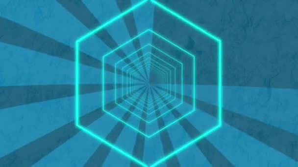 青い六角形のアニメーションは シームレスなループで催眠動作中に移動する回転青い明るい鮮やかな縞模様の上にアウトライン — ストック動画