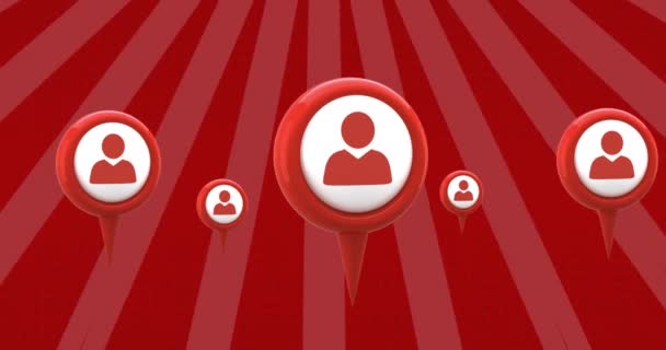 Animación Iconos Redes Sociales Rojo Sobre Franjas Rojas Brillantes Giratorias — Vídeos de Stock