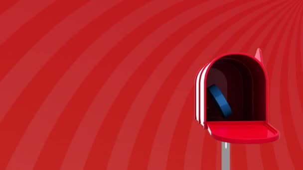 青い電子メールアイコンのアニメーションは シームレスなループで催眠動作で動く回転赤い明るいストライプのポストボックスの横に回転 — ストック動画