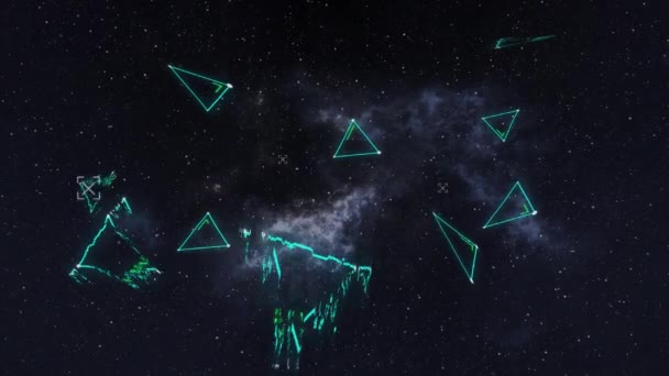 Jelzők Háromszögek Animációja Villogás Digitális Adatfeldolgozás Adatrögzítés Felhős Égbolttal Háttérben — Stock videók