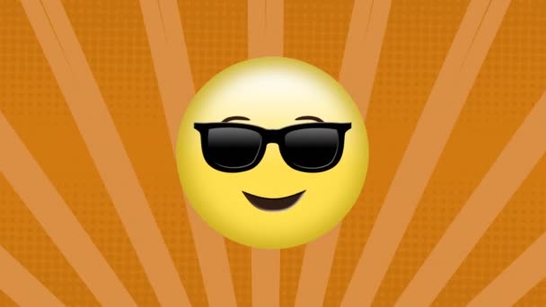 Анимация Крутой Иконки Смайлика Солнцезащитных Очках Вращающихся Оранжевых Ярких Полосах — стоковое видео