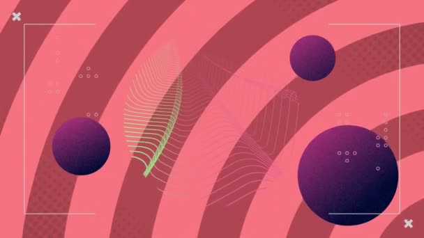3つの紫色の球のアニメーションと シームレスなループ内の催眠動作で動く赤い鮮やかな鮮やかな縞模様を脈動させる上のメッシュ 抽象的イメージとカラーコンセプトをデジタルで再現 — ストック動画
