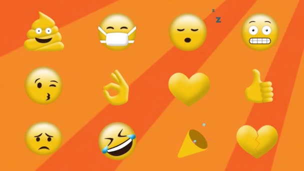 Κινούμενα Σχέδια Πολλαπλών Εικονιδίων Emoji Περιστρεφόμενες Πορτοκαλί Φωτεινές Λωρίδες Που — Αρχείο Βίντεο