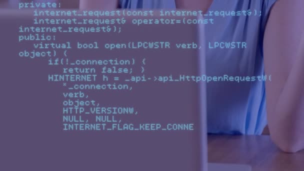 Animación Procesamiento Datos Azules Sobre Mujer Caucásica Utilizando Ordenador Portátil — Vídeos de Stock