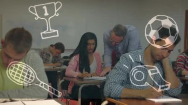 Spor ikonları kolej deneklerinin arka plandaki konferans sırasında öğrenci ve öğretim üyelerinin üzerinden geçmeleri animasyonu. Eðitim üniversitesi öğrenme kavramı dijital bileşik.