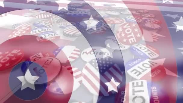 Animation Circles Spinning American Flag Stars Stripes Election Badges Falling — Stock Video