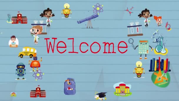 Animacja Słów Witamy Powrotem Szkoły Wieloma Przedmiotami Szkolnymi Poruszającymi Się — Wideo stockowe