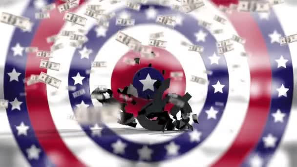 与美国国旗和条纹旋转的圆形动画与美元符号崩溃和钞票漂浮 金融爱国主义概念数字生成的形象 — 图库视频影像