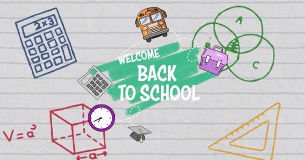 Animation Words Welcome Back School Green Squiggles Multiple School Items — Stock Video