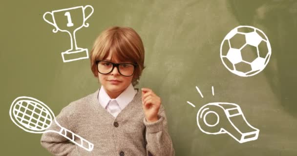 Animation Icons Sports Items Moving Portrait Schoolboy Wearing Glasses Green — Stock Video