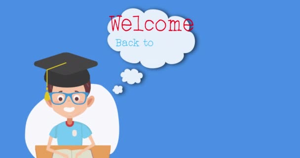Анимация Слов Welcome Back School Speech Bubble Pictogram Schoolboy Graduation — стоковое видео