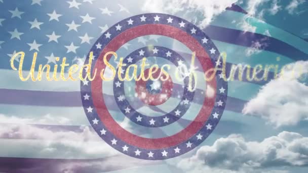 Анимация Кругов Вращающихся Звездами Американского Флага Полосами Текста Соединенных Штатов — стоковое видео