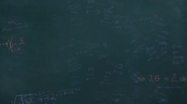 Arkadaki yeşil karatahtanın üzerine düşen ve yüzen matematiksel formüllerin animasyonu. Eğitim kavramının dijital ortamda çözülmesi sorunu.