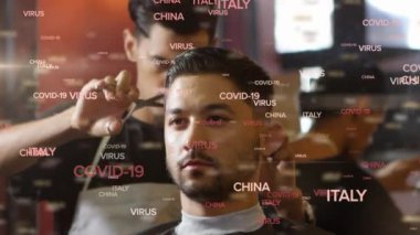 Covid 19, Virüs ve bir kuaförde erkek bir müşterinin saçını kesen ülkelerin isimleri. Salgın dijital bileşim sırasında küçük işletmeler çalışıyor.