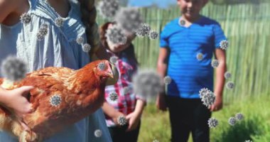 Koronavirüs Covid 19 hücrenin kırsal bir ortamda bir grup çocuğa yayılması ve bir kızın tavuk tutması. Karantina karantinasında sosyal uzaklık ve kişisel izolasyon dijital kompozit.