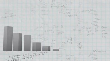 Arka planda beyaz kare kağıt üzerinde istatistik grafikleri olan matematiksel formüllerin animasyonu. Eğitim kavramının dijital ortamda çözülmesi sorunu.