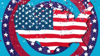 Amerikan bayrak yıldızlarıyla dönen dairelerin animasyonu ve ABD haritalı çizgiler ve mavi arka planda konfeti. Dijital olarak üretilen Amerikan bayrağı vatanseverliği kavramı.