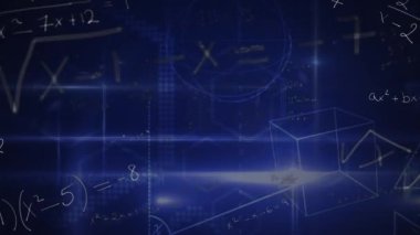 Mavi parlayan arka planda matematiksel formüllerin ve geometrik figürlerin animasyonu. Eğitim kavramının dijital ortamda çözülmesi sorunu.