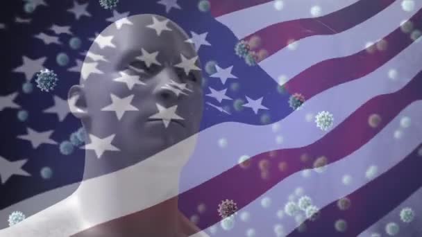 在一个人头模型和一面在风中飘扬的美国国旗的基础上 对巨细胞Covid 19的激活 隔离隔离数字组合中的社会疏离和自我隔离 — 图库视频影像