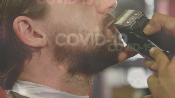 Animation Words Covid Moving Hands Barber Trimming Beard Male Customer — Stock Video