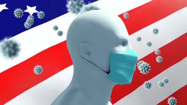 コロナウイルスのアニメーション米国国旗を振って回転するフェイスマスクを着用したヒトモデルに広がるCovid 19細胞 パンデミックデジタル複合体中のコロナウイルスCovid 19に対する保護 — ストック動画