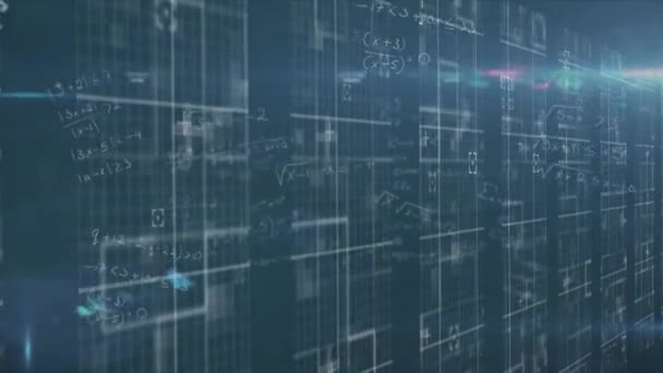 파란색 배경의 데이터 처리를 수학적 공식과 컴퓨터 서버의 애니메이션 디지털화 — 비디오