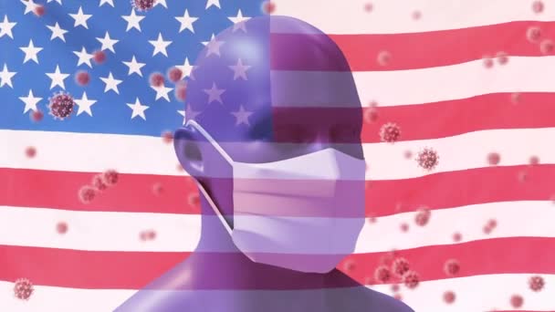 Coronavirus Covid Hücrelerinin Amerikan Bayrağına Karşı Maske Takarak Insan Modeline — Stok video