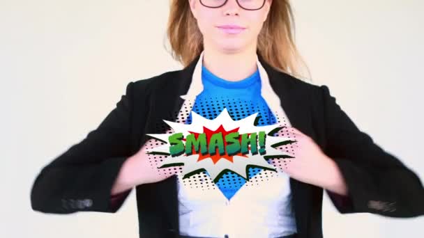 Animation Smash Text Written Cartoon Retro Speech Bubble Woman Revealing — Stock Video