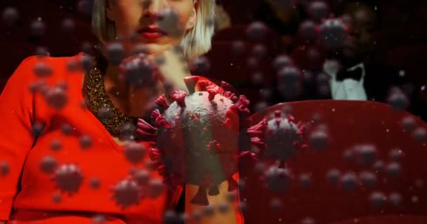 Animación Macro Coronavirus Covid Células Moviéndose Sobre Mujer Rubia Glamurosa — Vídeo de stock