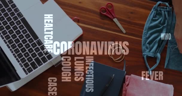 Animation Coronavirus Covid Σχετικές Κείμενο Πάνω Από Χέρια Μιας Γυναίκας — Αρχείο Βίντεο