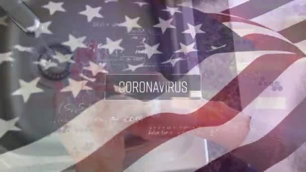 Coronavirus 这个词的动画和关于妇女在风中洗手抵抗感染和美国国旗的科学方程式 隔离隔离数字组合中的社会疏离与卫生 — 图库视频影像