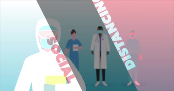 Animation Des Wortes Social Distancing Das Über Ikonen Von Gesundheitspersonal — Stockvideo