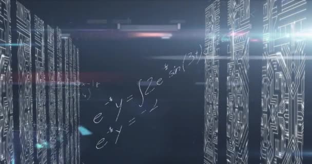 파란색 배경의 데이터 처리를 수학적 공식과 컴퓨터 서버의 애니메이션 디지털화 — 비디오