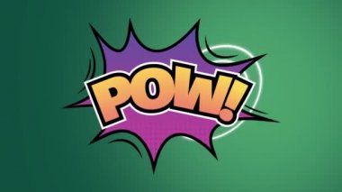Pow 'un animasyonu! Arka planda hipnotik hareketlerle hareket eden beyaz titreşimli daireler üzerine çizgi film retro konuşma balonu üzerine yazılmış metin. Klasik çizgi roman konsepti dijital olarak oluşturuldu.