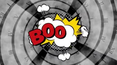 Patlama Animasyonu! Arka planda hipnotik hareketlerle hareket eden saatle ilgili karikatür retro konuşma balonunda yazılmış metin. Klasik çizgi roman konsepti dijital olarak oluşturuldu.